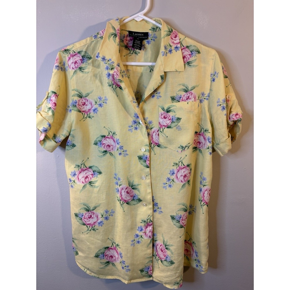 VTG LAUREN RALPH LAUREN Yellow Pink Rose Linen Short Sleeve Blouse M Cottage